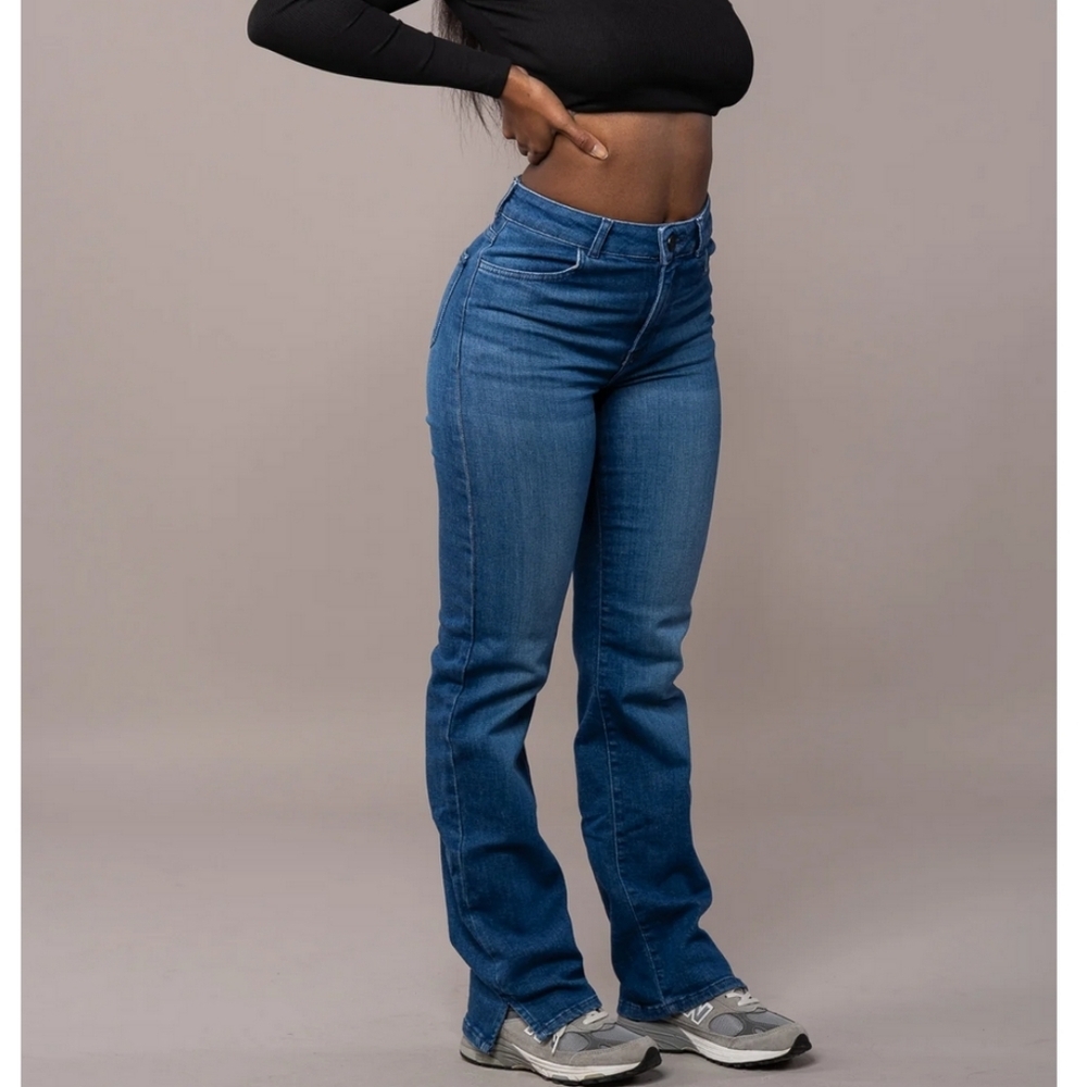 Fit Jeans Straight Leg Jeans Azure Blue Large Split Hems Stretch Denim